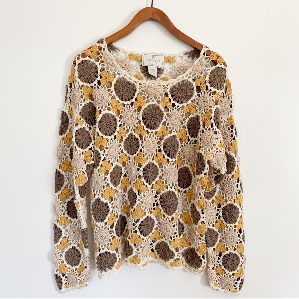 Vintage Express Tricot Handknitted Sweater, Open Knit Floral, Beige Brown Gold M